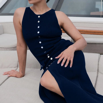 MQTIME  -  Women's Vintage Elegant Ribbed Knit Slim Sleeveless Button Down Front High Split Long Tank OL Dress for Party Club